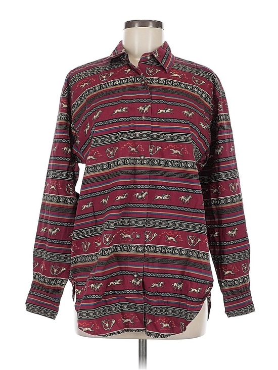Tops - Vintage 90s  English Country Style Maroon Hunt Motif Patterned Button-Up Shirt